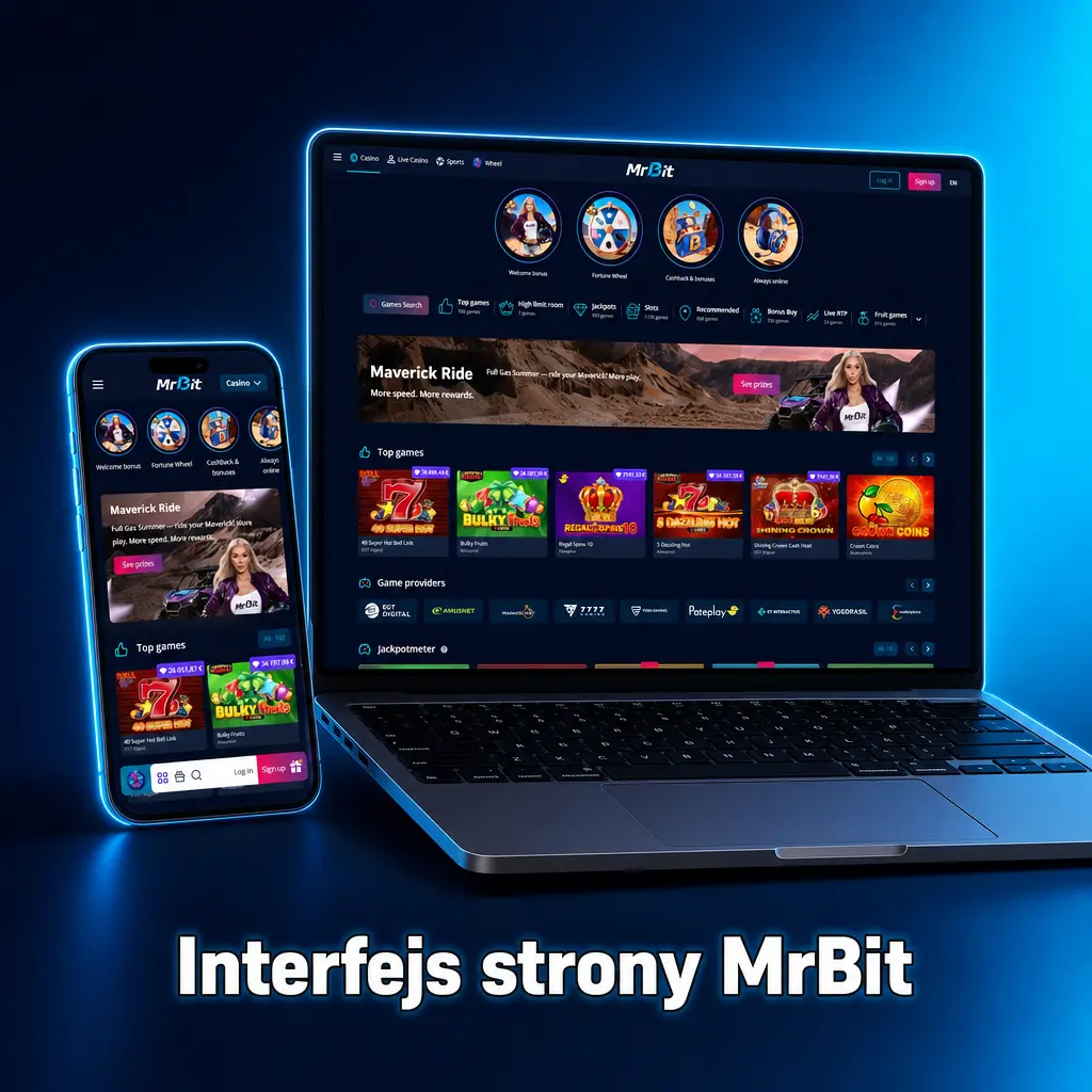 Interfejs strony MrBit z menu zakładów sportowych, kasyna i promocji oraz paskiem bocznym z popularnymi ligami