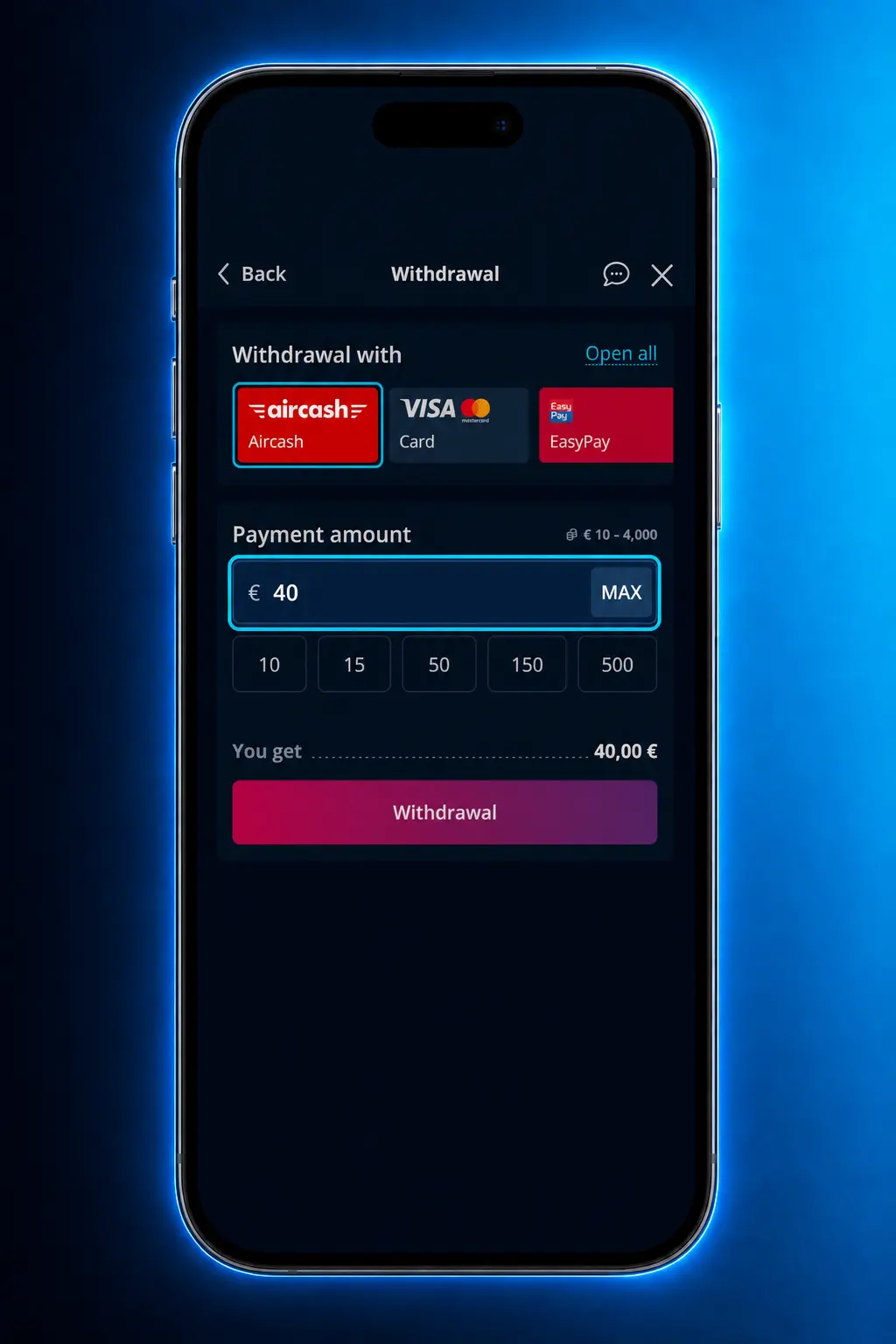 Instrukcja logowania w aplikacji MrBit i wypłaty środków metodą AirCash, kartą lub przelewem bankowym.