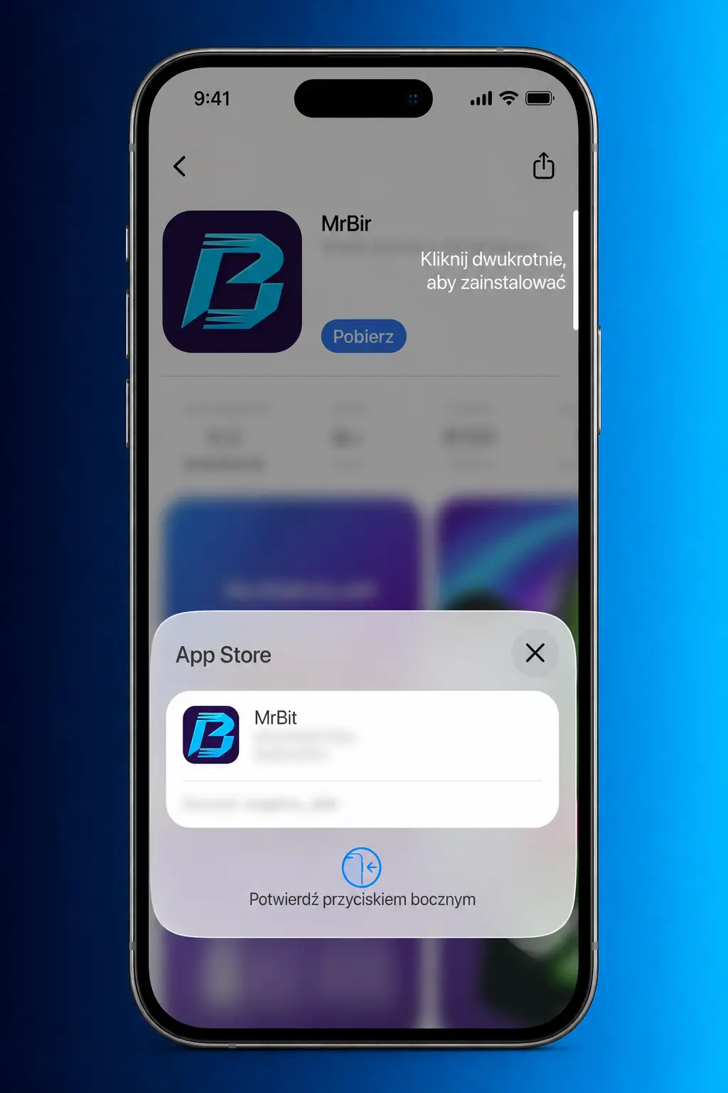 Instrukcja pobierania i instalacji aplikacji MrBit na iOS w 5 krokach na ekranie iPhone